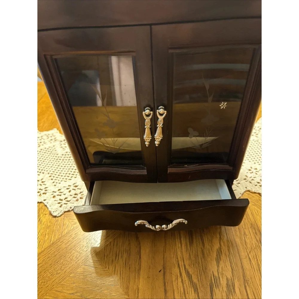 Vintage CherryWood Jewelry Box Armoire Etched Flower Glass Doors Carousel Mirror